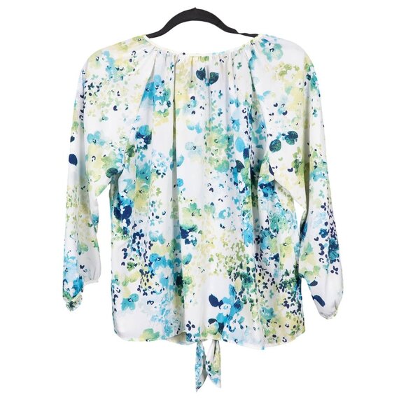 Cato Floral Blouse M Womens New Print Button Up Tie 3/4 Sleeve White Blue Green - Picture 7 of 7